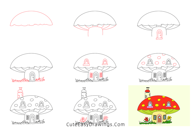 how to draw a mushroom house - www.cuteeasydrawings.com