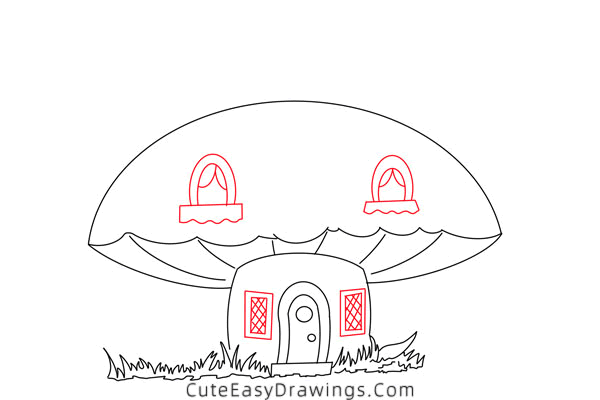 how to draw a mushroom house - www.cuteeasydrawings.com