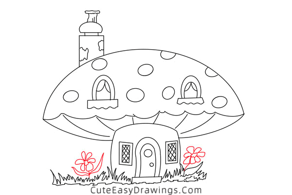 how to draw a mushroom house - www.cuteeasydrawings.com