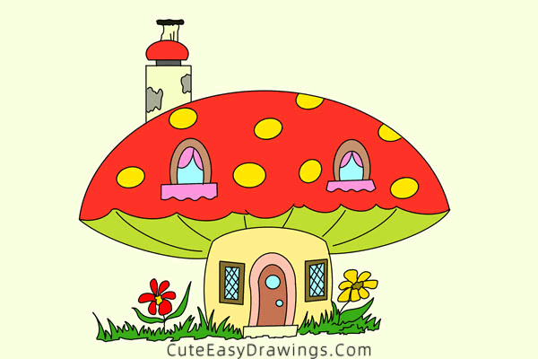 how to draw a mushroom house - www.cuteeasydrawings.com