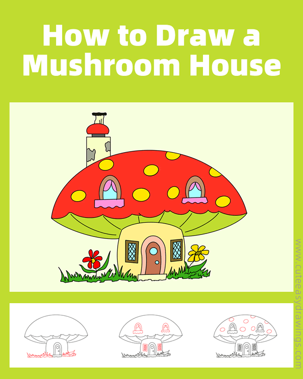 how to draw a mushroom house - www.cuteeasydrawings.com