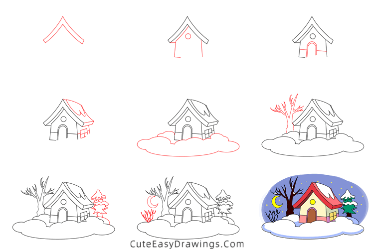 How to Draw a Winter Cabin Step by Step Cute Easy Drawings