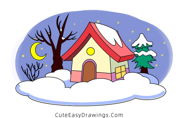 how to draw a winter cabin - www.cuteeasydrawings.com