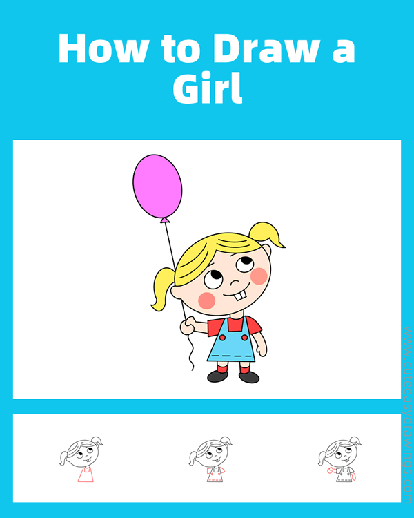 how to draw a girl with a balloon - www.cuteeasydrawings.com