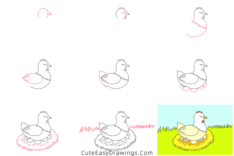 how to draw a hen hatching eggs - www.cuteeasydrawings.com