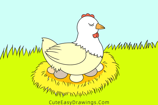 how to draw a hen hatching eggs - www.cuteeasydrawings.com