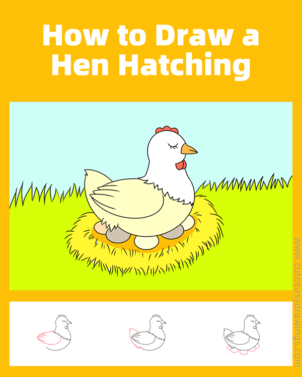 how to draw a hen hatching eggs - www.cuteeasydrawings.com