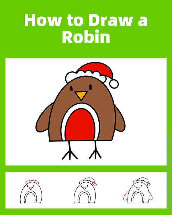 how to draw a christmas robin - www.cuteeasydrawings.com