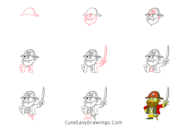 how to draw a pirate captain - www.cuteeasydrawings.com