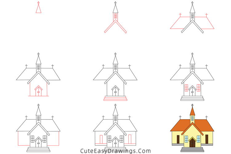 how to draw a church - www.cuteeasydrawings.com