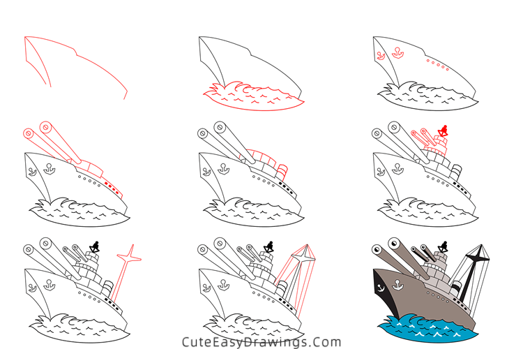 how to draw a warship - www.cuteeasydrawings.com