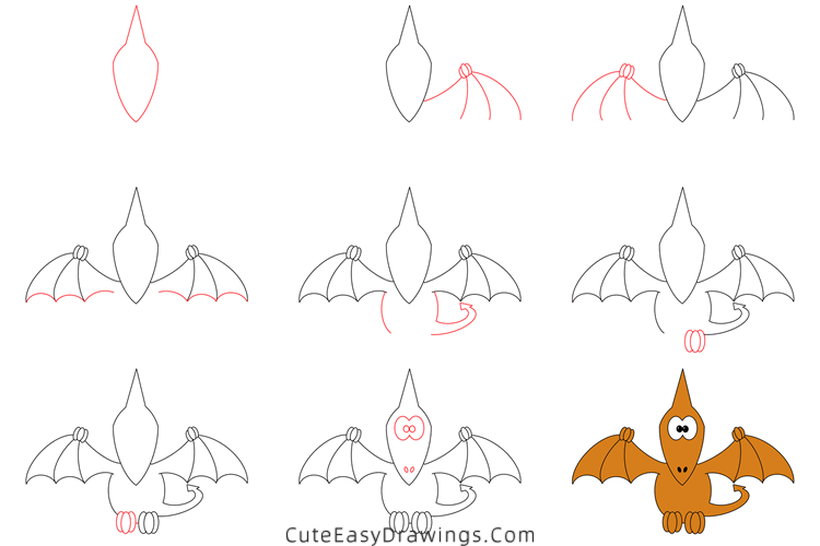 how to draw a pterosaur - www.cuteeasydrawings.com