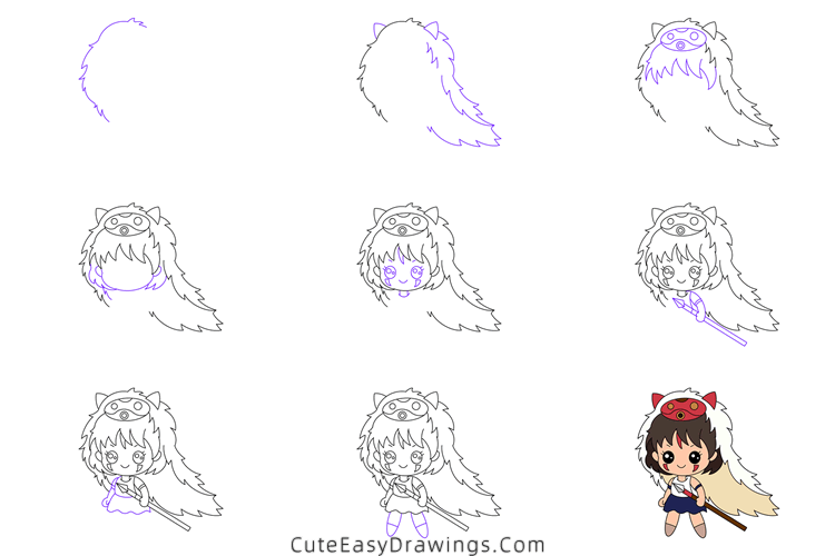 how to draw san from princess mononoke - www.cuteeasydrawings.com