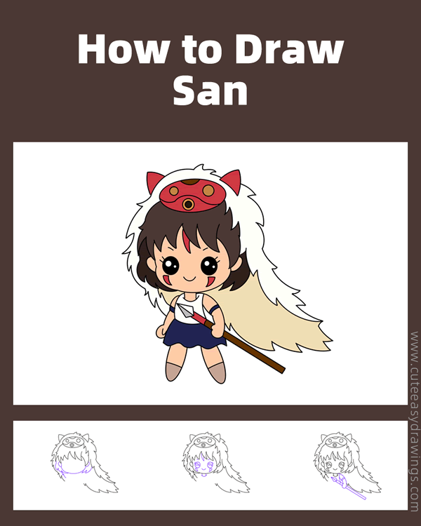 how to draw san from princess mononoke - www.cuteeasydrawings.com