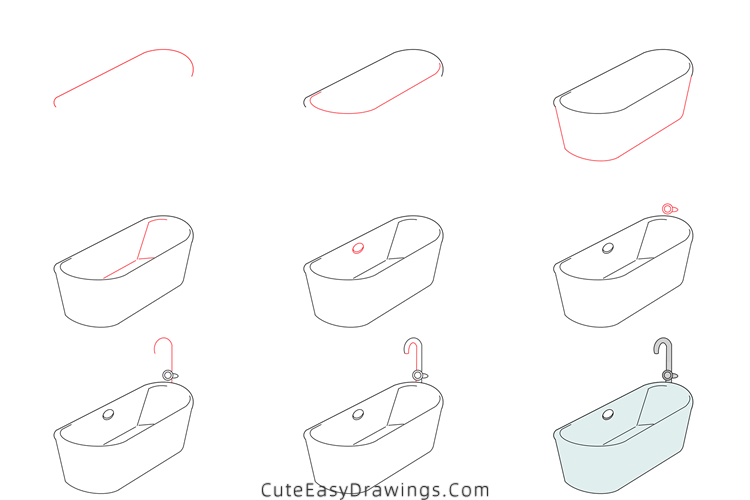 how to draw a bathtub - www.cuteeasydrawings.com