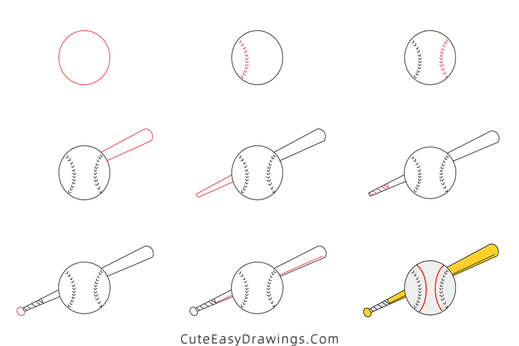 how to draw a baseball bat and ball - www.cuteeasydrawings.com