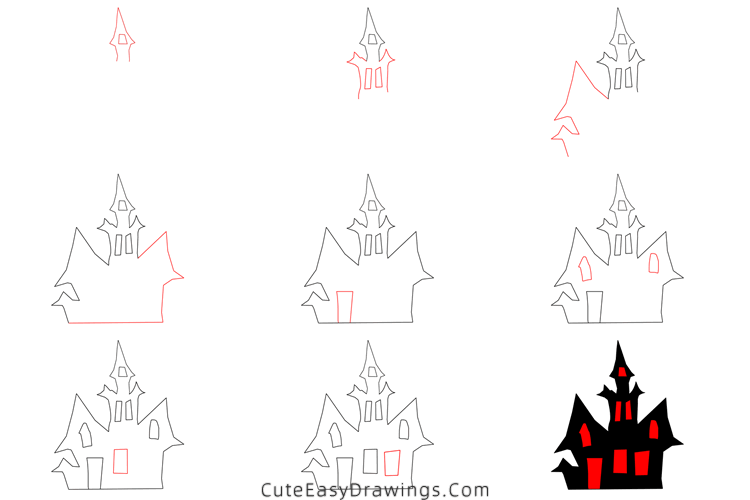 how to draw a haunted house - www.cuteeasydrawings.com