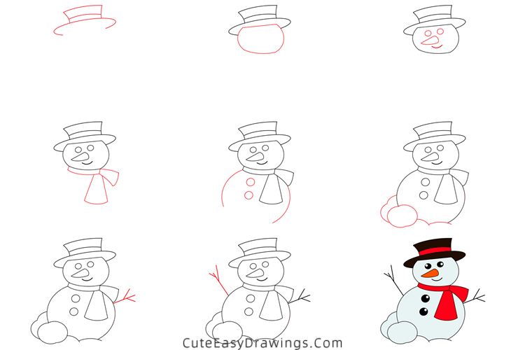 how to draw a snowman - www.cuteeasydrawings.com