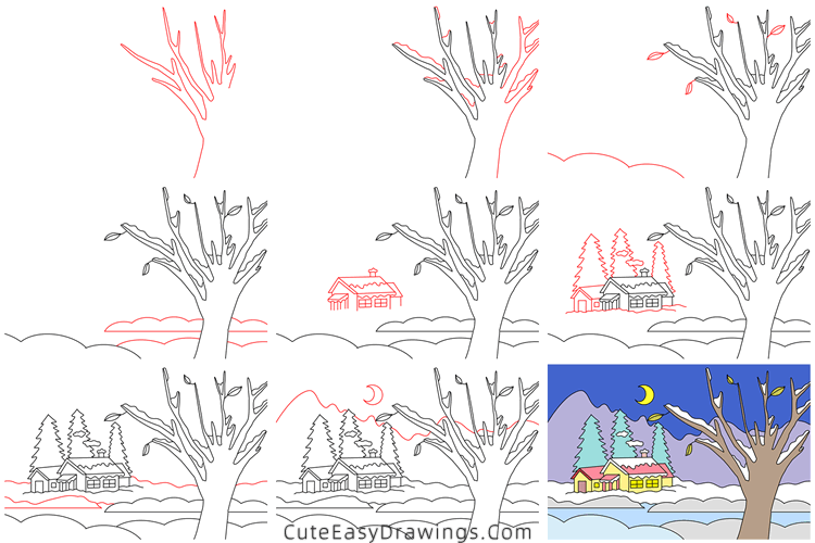 how to draw a winter scene - www.cuteeasydrawings.com