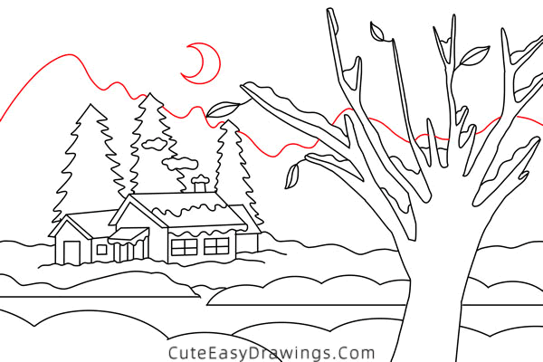 how to draw a winter scene - www.cuteeasydrawings.com