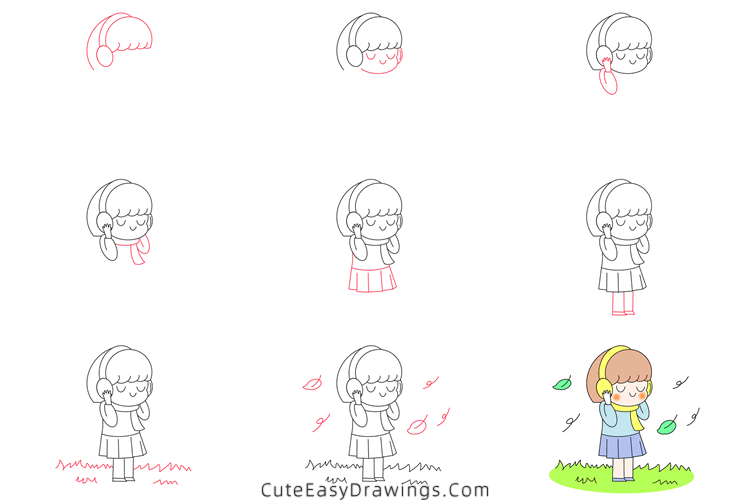 how to draw a girl in autumn - www.cuteeasydrawings.com