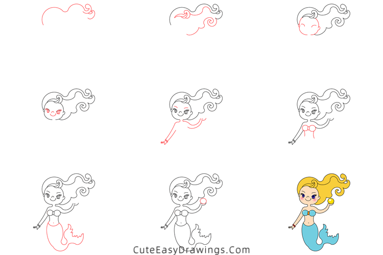 how to draw a mermaid - www.cuteeasydrawings.com