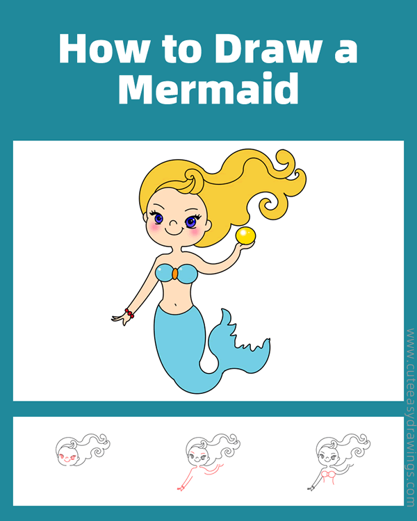 how to draw a mermaid - www.cuteeasydrawings.com