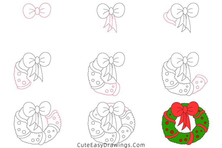 how to draw a christmas wreath - www.cuteeasydrawings.com