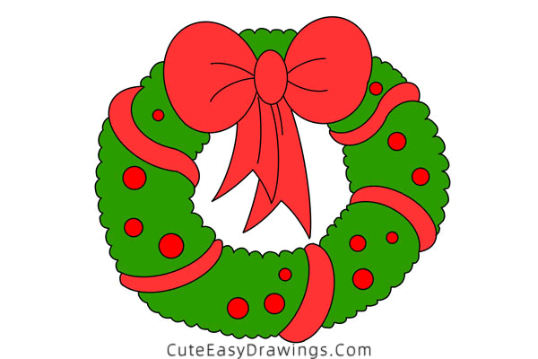 how to draw a christmas wreath - www.cuteeasydrawings.com