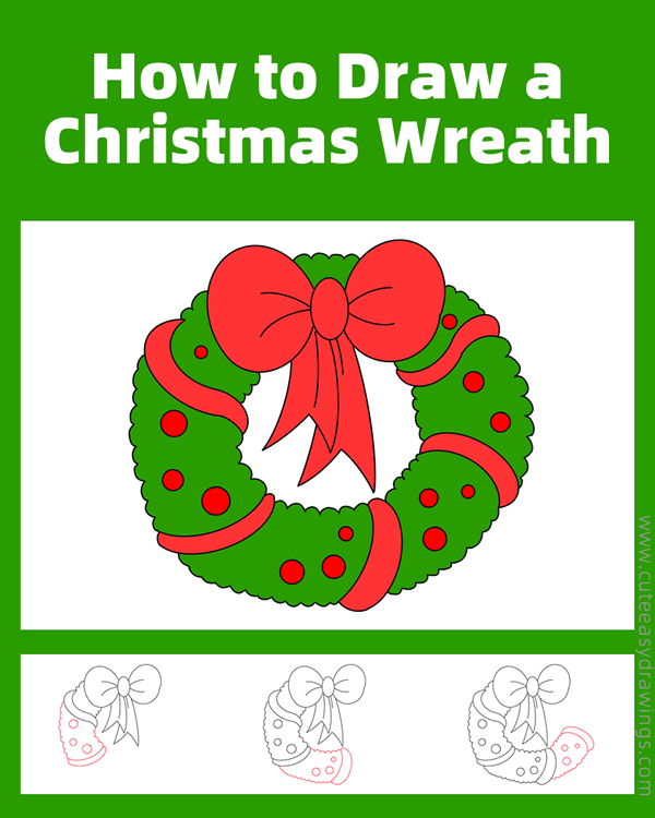 how to draw a christmas wreath - www.cuteeasydrawings.com