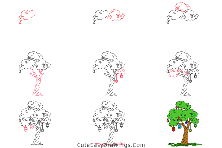 how to draw an easter egg tree - www.cuteeasydrawings.com