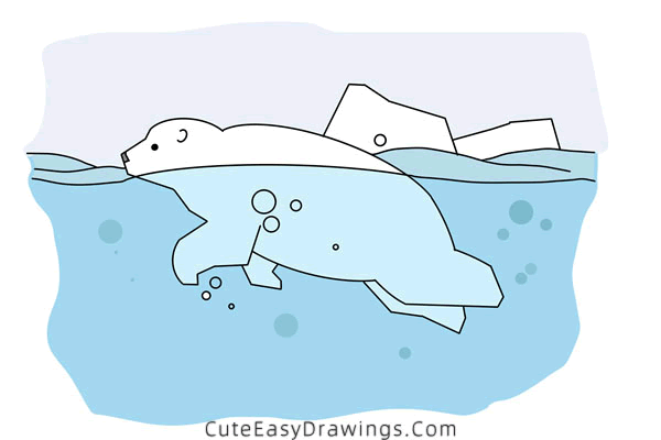 how to draw a swimming polar bear - www.cuteeasydrawings.com