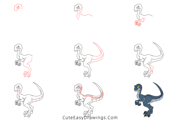 how to draw a velociraptor - www.cuteeasydrawings.com