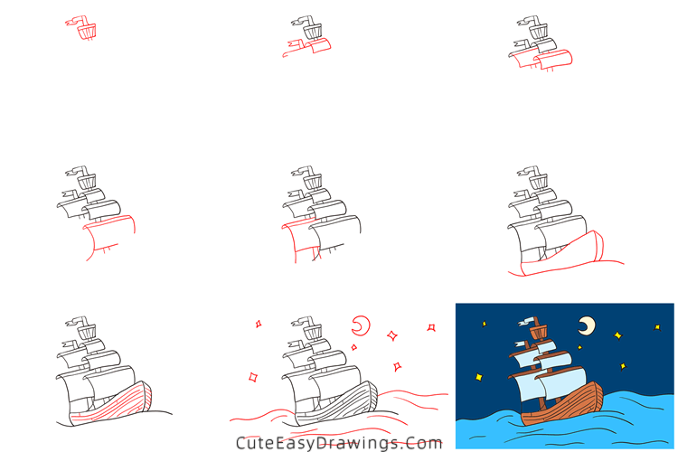 how to draw a sailing ship - www.cuteeasydrawings.com