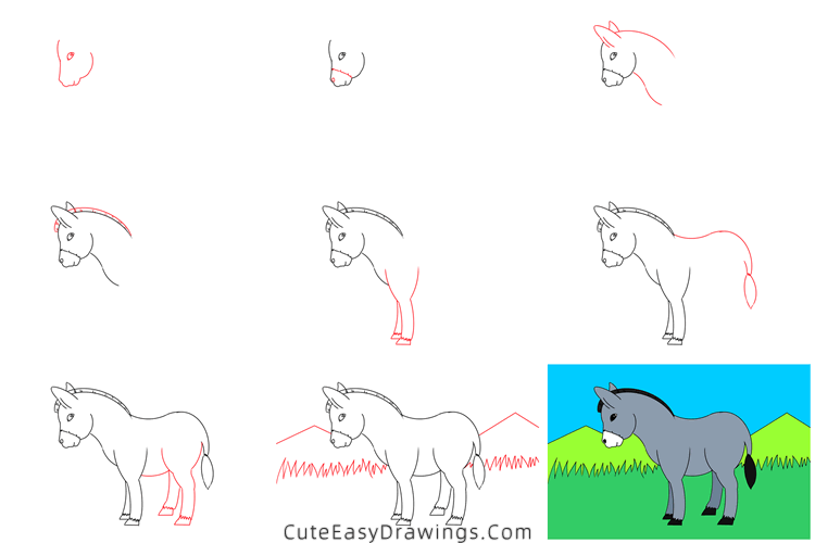 how to draw a donkey - www.cuteeasydrawings.com