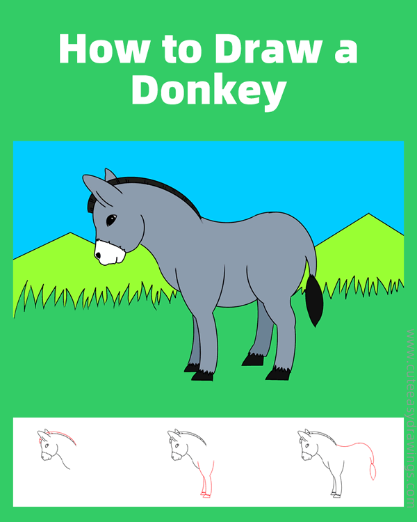 how to draw a donkey - www.cuteeasydrawings.com