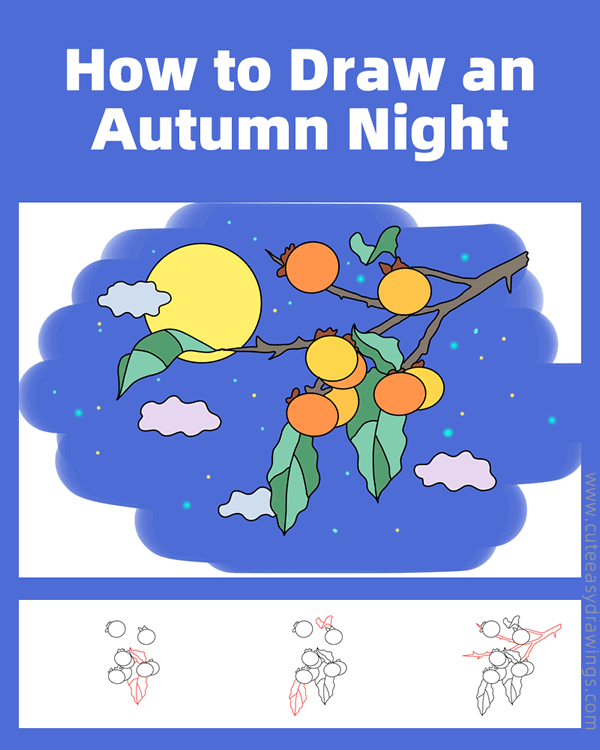 how to draw an autumn night scene - www.cuteeasydrawings.com