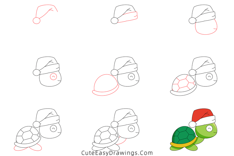 how to draw a christmas turtle - www.cuteeasydrawings.com