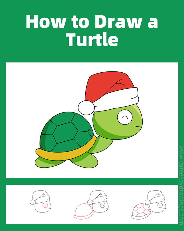 how to draw a christmas turtle - www.cuteeasydrawings.com