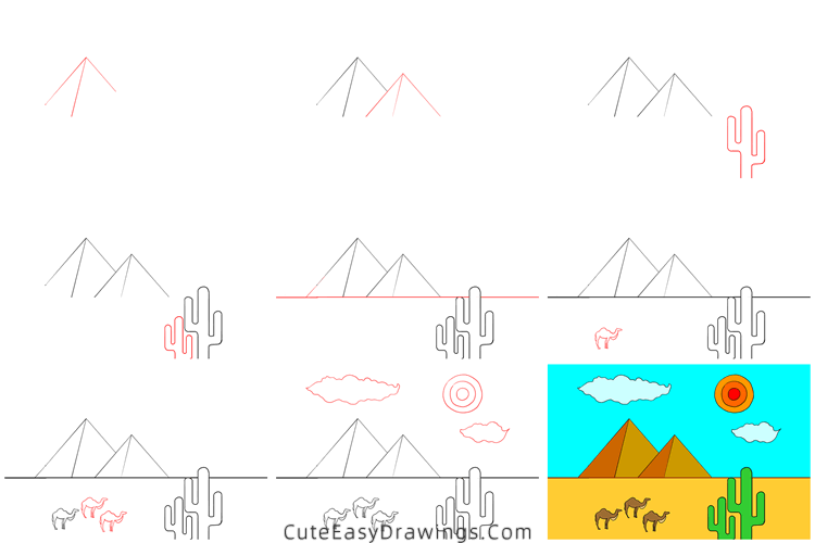 how to draw desert pyramids - www.cuteeasydrawings.com