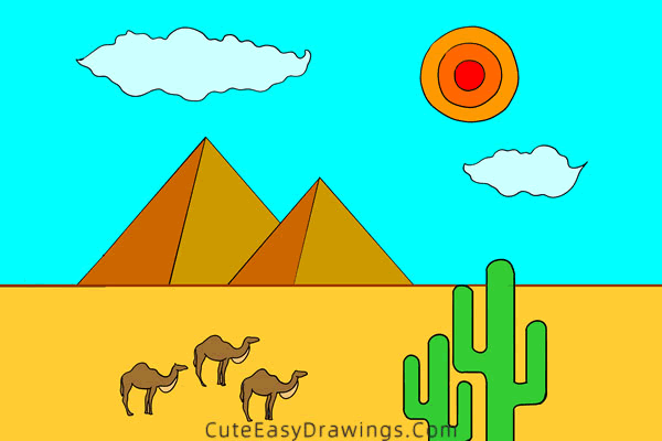 how to draw desert pyramids - www.cuteeasydrawings.com