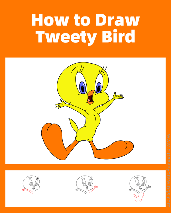 how to draw tweety bird - www.cuteeasydrawings.com