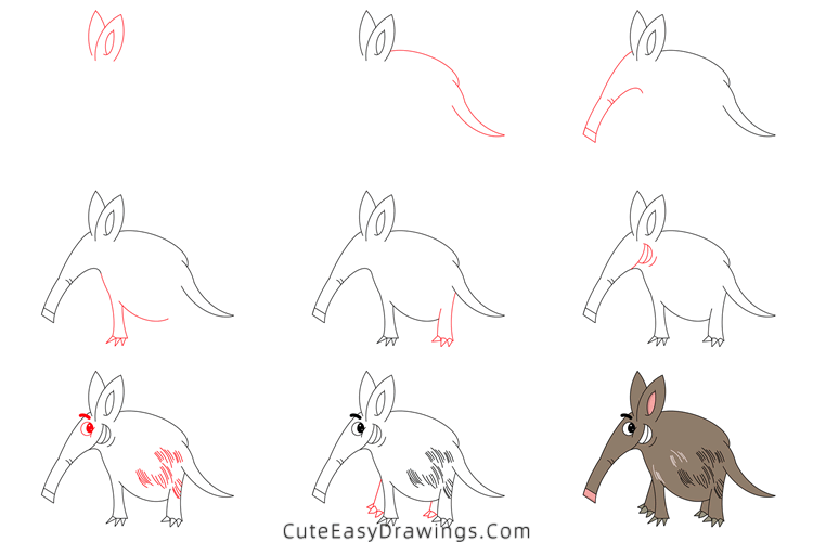 how to draw an aardvark - www.cuteeasydrawings.com