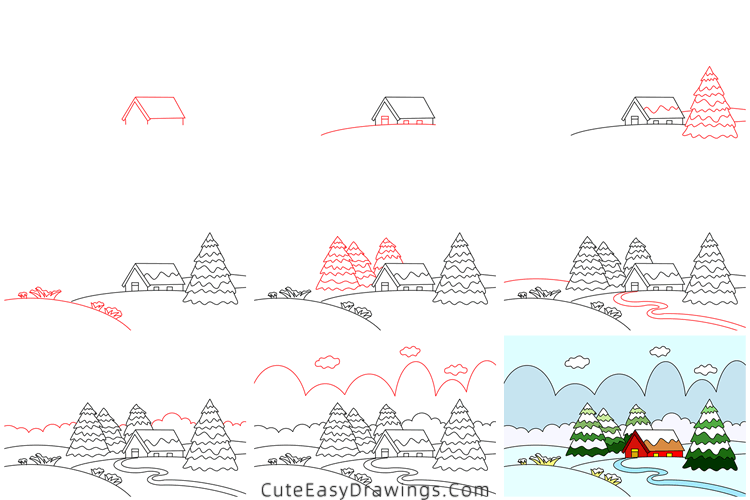 how to draw a winter landscape - www.cuteeasydrawings.com