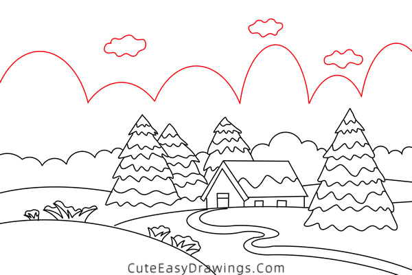 how to draw a winter landscape - www.cuteeasydrawings.com