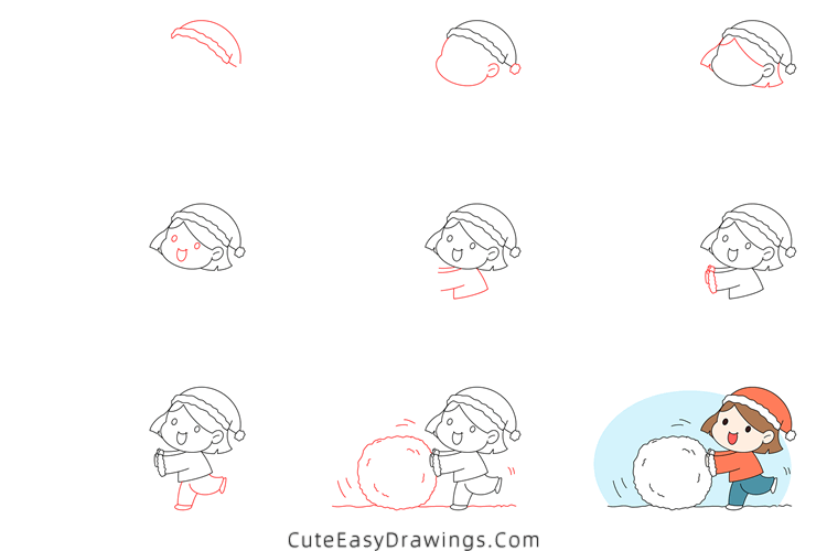 how to draw a girl rolling a snowball - www.cuteeasydrawings.com