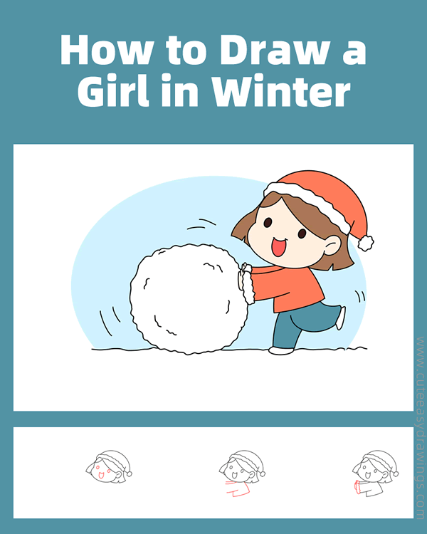 how to draw a girl rolling a snowball - www.cuteeasydrawings.com