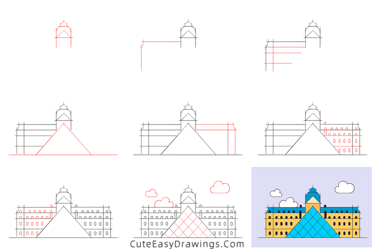 how to draw the louvre - www.cuteeasydrawings.com