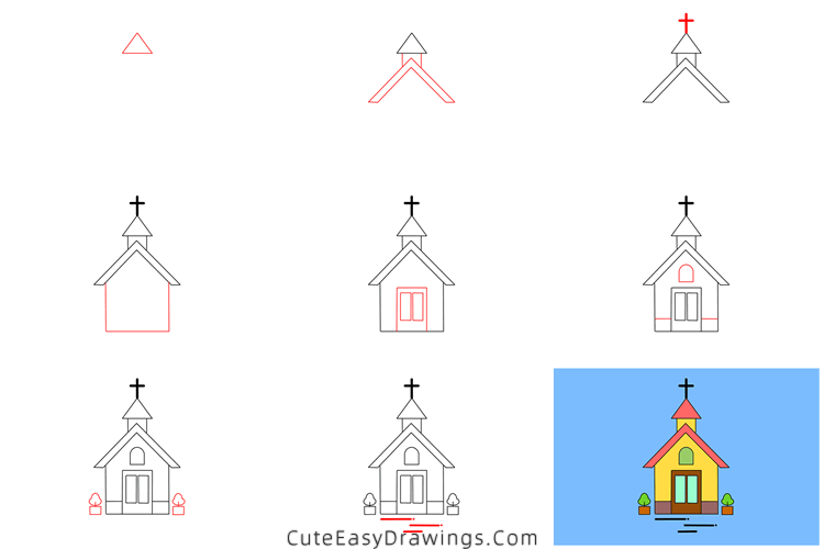 how to draw a small church - www.cuteeasydrawings.com