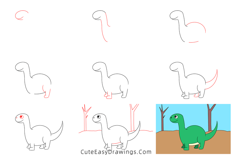 how to draw a cute brontosaurus - www.cuteeasydrawings.com